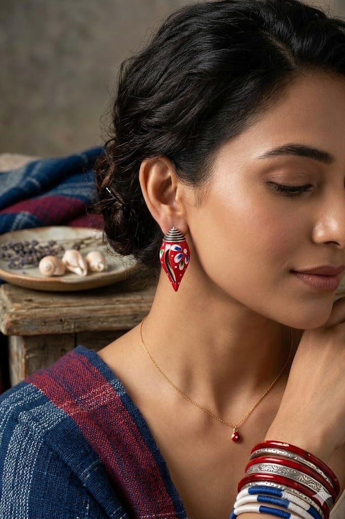 El Regalo Ethnic Hand-Painted Conch-Style Earrings for Women | Ethnic Boho Statement Earrings | Traditional Festival Earrings | Unique Handmade Drop Earrings (Red)