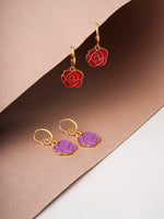 El Regalo 2 Pairs Red & Purple Rose Flower Charms Statement Hook Earrings for Women/Girls- Cute & Fancy Floral Hook Earrings Combo
