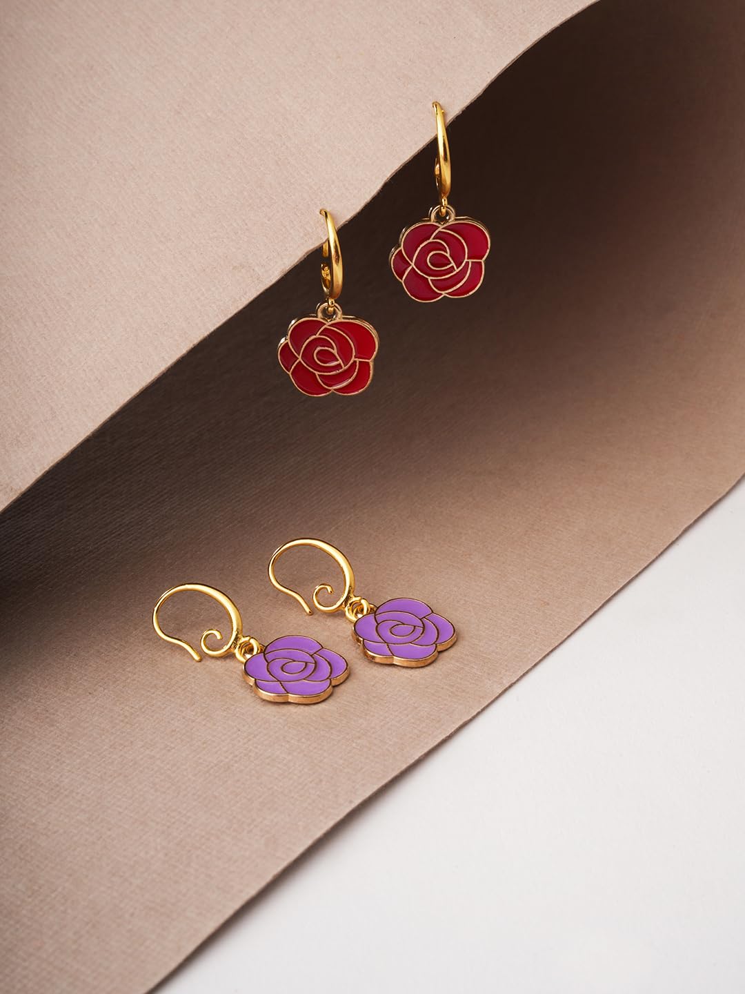 El Regalo 2 Pairs Red & Purple Rose Flower Charms Statement Hook Earrings for Women/Girls- Cute & Fancy Floral Hook Earrings Combo