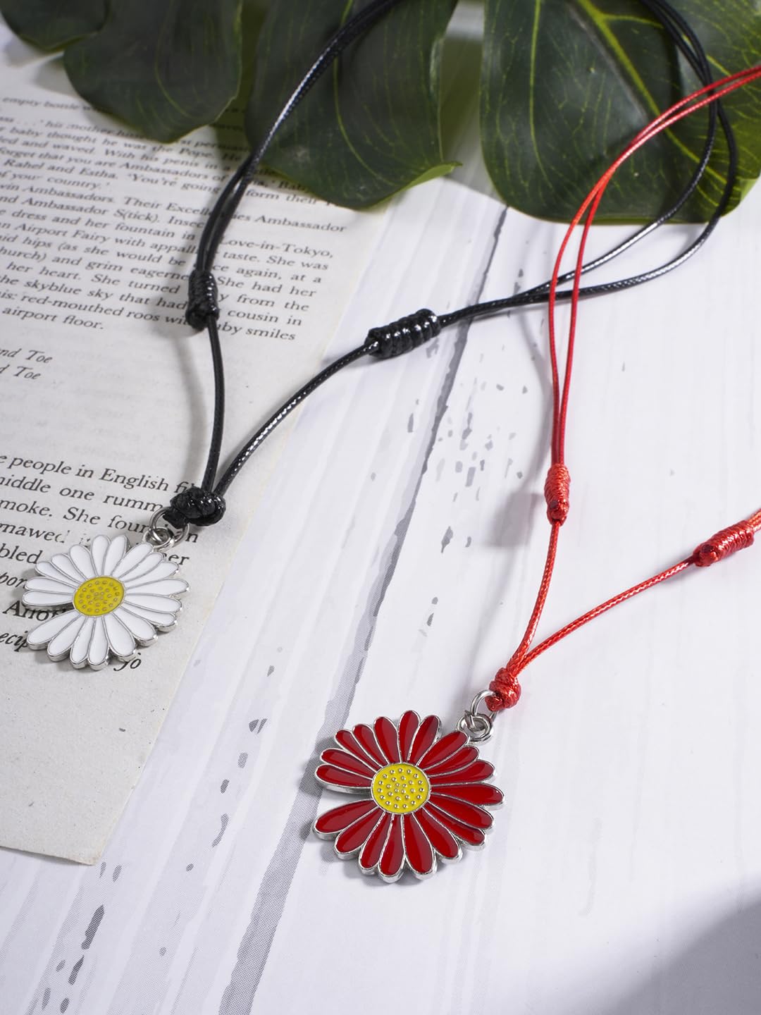 El Regalo 2PCs Daisy Flower Pendant Adjustable Cord Necklace- Minimalist Floral Jewelry For Girls & Women