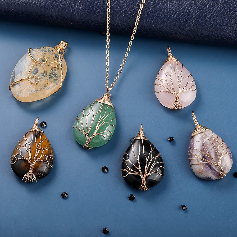 El Regalo Tree of Life Wire Wrapped Drop Natural Stones Healing Crystal Chakra Pendant Necklace - Unique Handcrafted Gemstones Pendant Necklaces (Amethyst) For Unisex Adult