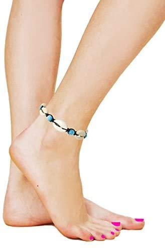 El Regalo Bohemian Cowrie Beads Shell Adjustable Bracelets cum Anklets for Girls & Women (Turquoise)