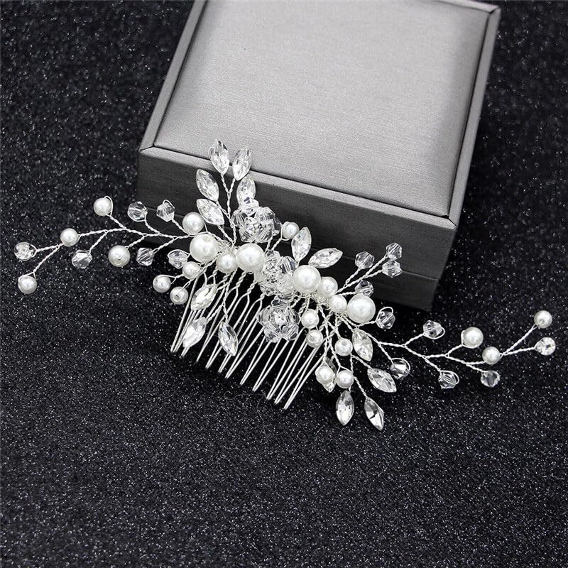 El Regalo Bridal Hair Side Comb For Women- Wedding Girls Hair Clip Leaves Pearl Rhinestone Crystal Spray Flower Hair Floral Vintage Hair Barrette Bridesmaids Headpiece
