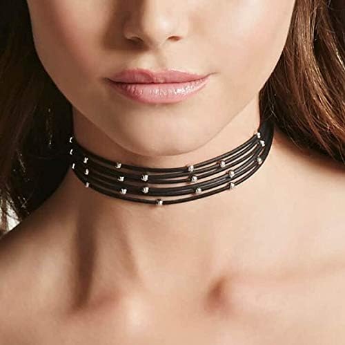 El Regalo Bohemia Layered Choker Necklace- Gothic Black Suede Leather Collar Choker with Silver Beads Multilayer Necklace for Women & Girls