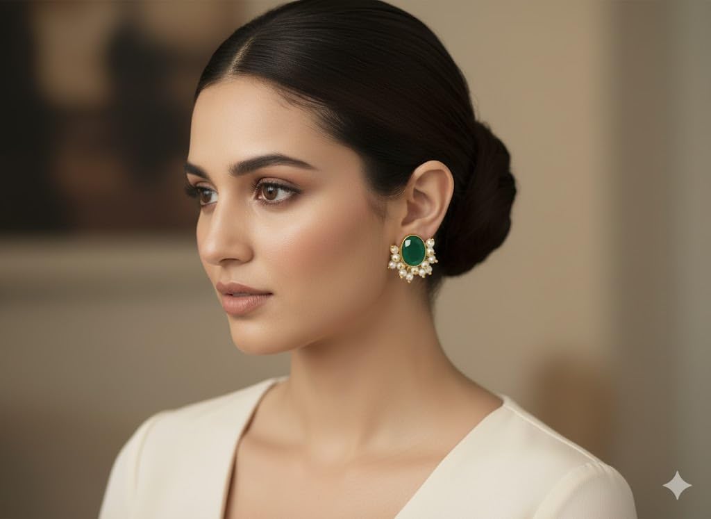 El Regalo Traditional Pearl Cluster Stud Earrings for Women & Girls | Gold-Plated Red & Green Oval Stone Earrings with Pearls | Festive, Wedding & Ethnic Jewelry (Green)