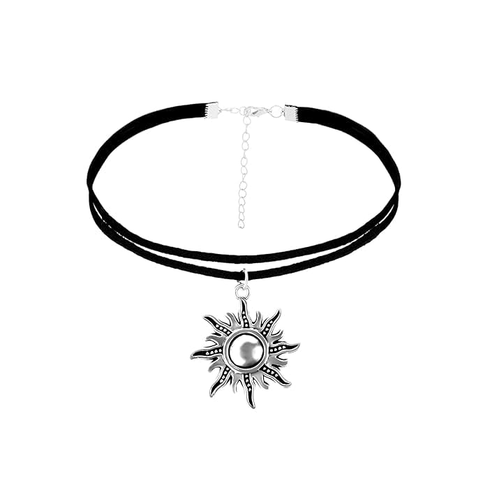El Regalo 1PC Retro Gothic Sun or Crescent Moon Charm Choker Necklace- Faux Leather Double Layer Sun/Moon Pendant Necklace for Girls & Women (Gothic Sun)