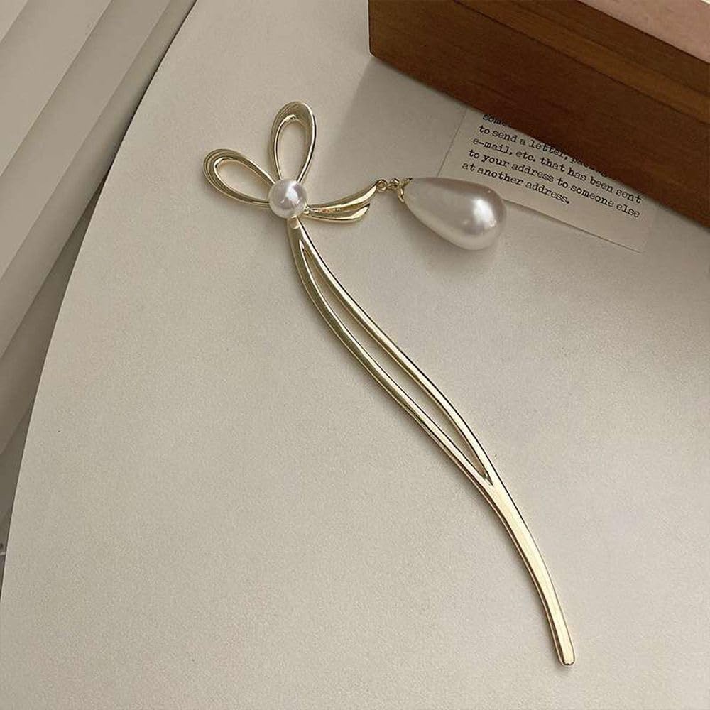 El Regalo 1Pc Fancy Pearl Hair Stick/Juda Stick- Bow Hair Fork Headwear Korean Style Hairpin Women Bun Hair Stick