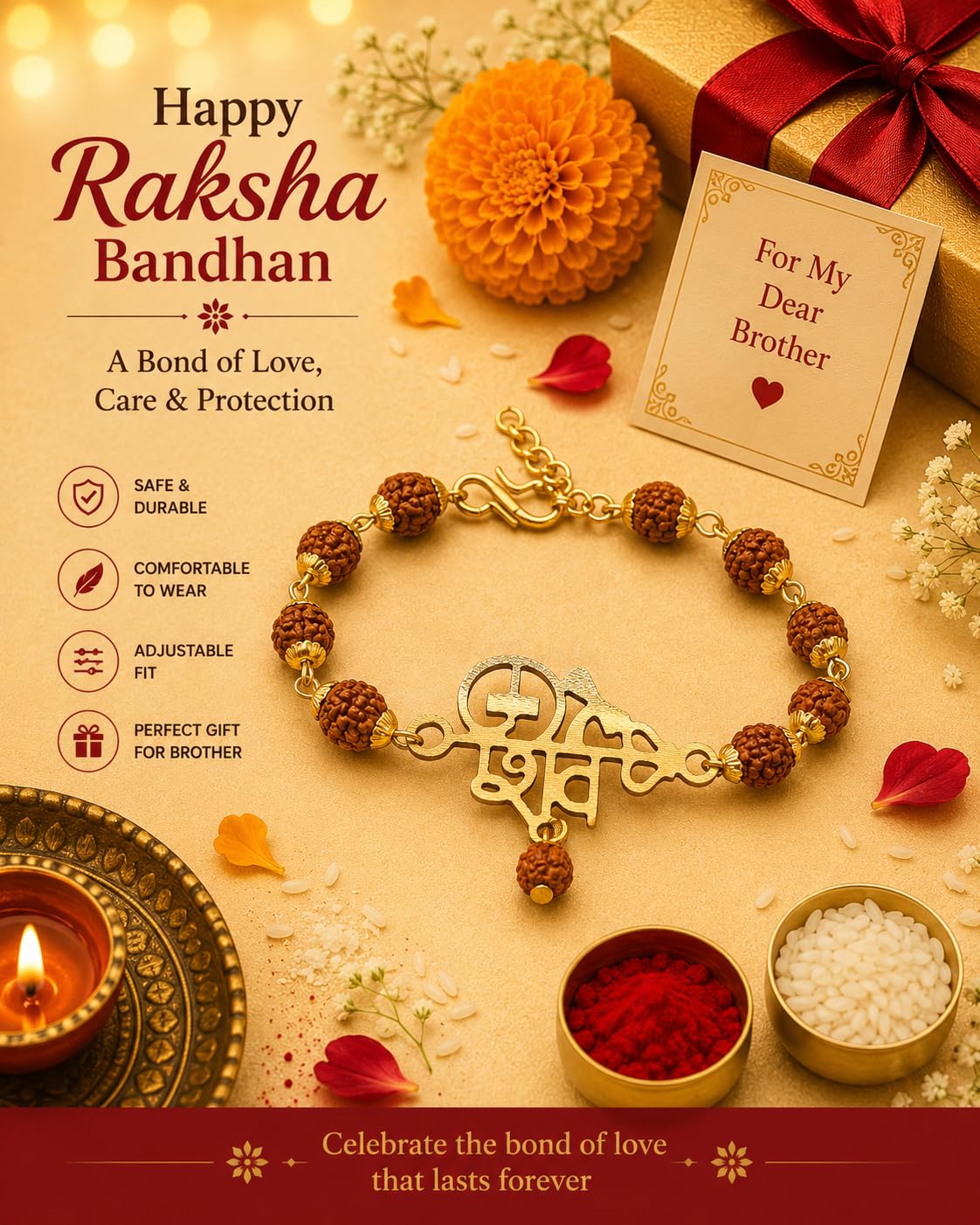 El Regalo Rudraksha Rakhi for Brother- Rudraksha Beads Rakhi Gift Box with shagun & Message Card for Bhai/Nephew (Shiva)