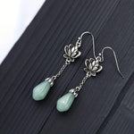 El Regalo Women's & Girl's Silvery Classical Lotus Faux Jade Tassel Earrings- Retro Ethnic Style Lotus Earrings in Antique Silver Finish