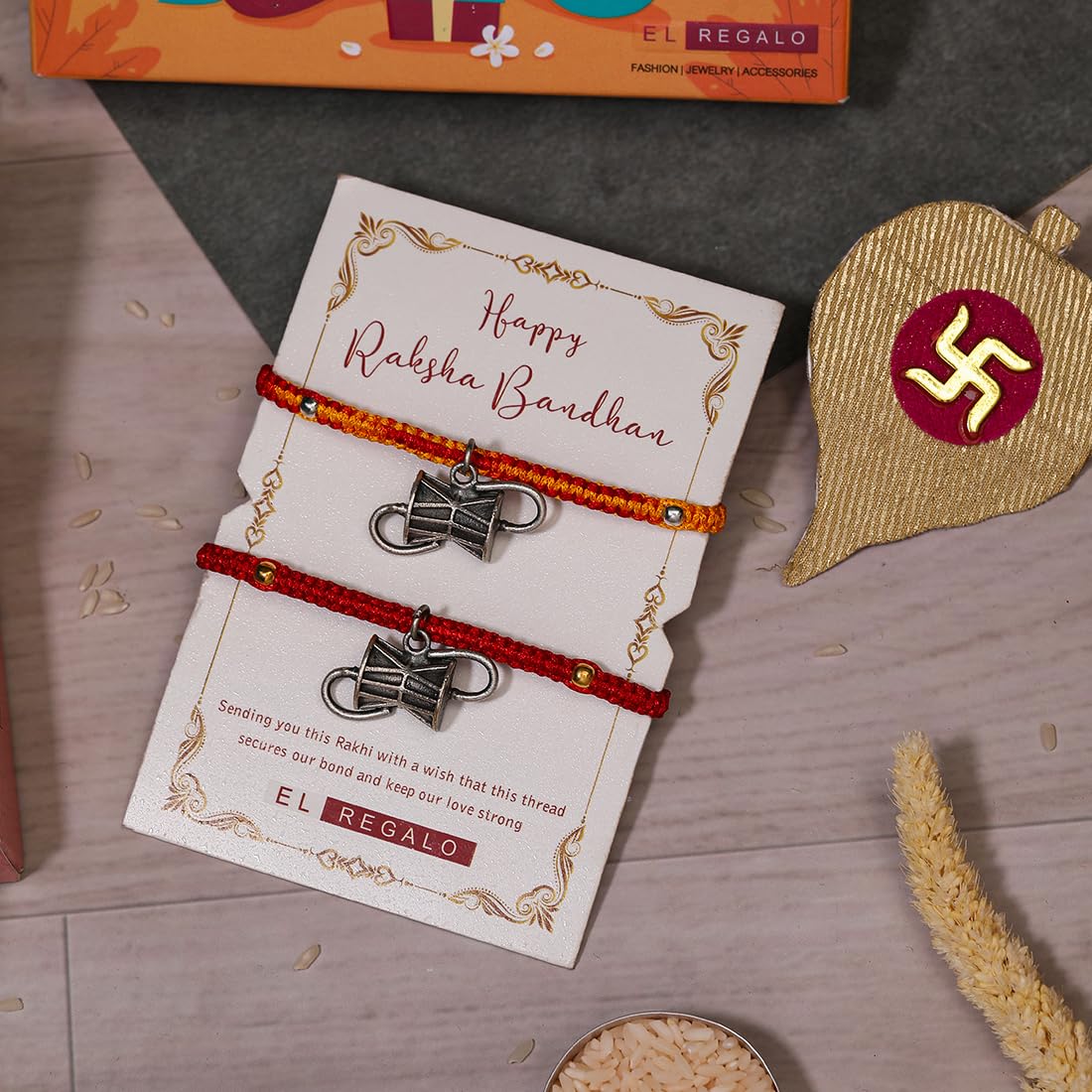 El Regalo 2PCs Shiva Damroo Bracelet Rakhi for Brothers- Antique Finish Damru Rakhi Set with Roli Chawal Shagun, Message Card in Rakshabandhan Gift Box for Bhai/Bhaiya