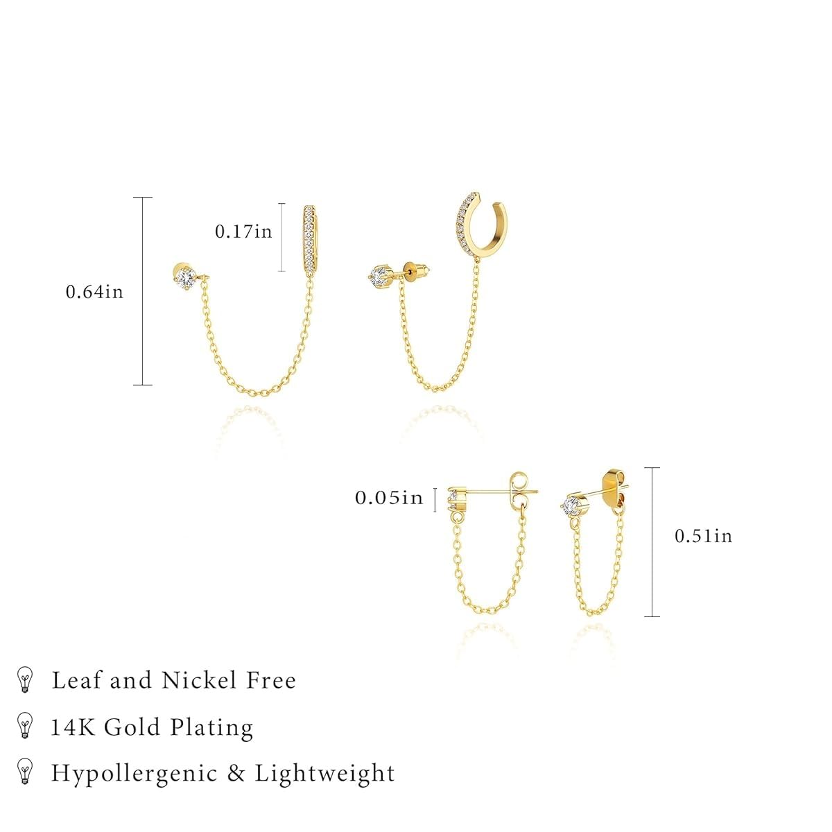 El Regalo Gold Toned Cubic Zirconia Ear Cuff and Stud Earrings Set for Women & Girls | Elegant Cartilage Wrap with Chain Link & CZ Crystal Studs | Non-Pierced Ear Cuff Jewelry Combo | Gift for Her