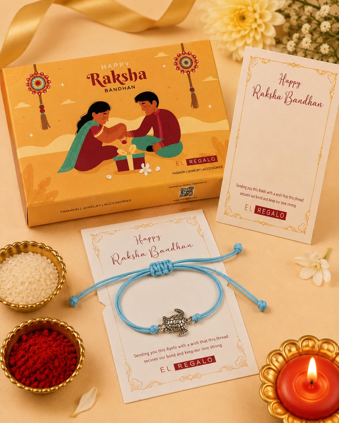 El Regalo Minimalist Lucky Turtle Adjustable Bracelet Rakhi for Brother- Blue