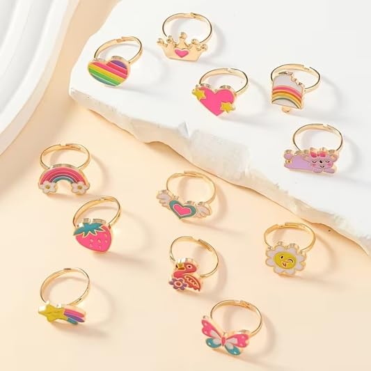 El Regalo 36 Pcs Adjustable Enamel Kids Rings - Unicorn, Rainbow, Strawberry, Flowers & More | No-Duplicate Dress-Up Jewelry Box for 4-12 Year Old Girls - Birthday, Christmas, Valentines (Style-2)