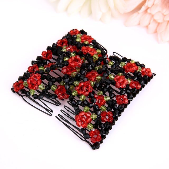 El Regalo 2PC Magic Easy Hair Combs Clips- Fancy Double Stretching Combs Clip Thick & Thin Hair Multistyling Hair Accessory For Women & Girls (Brown & Red)