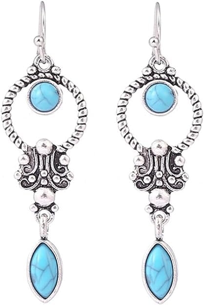 El Regalo Small Handmade Vintage Silver Tone Simulated Turquoise Dangle Drop Earrings for Women Girls- Retro Blue Stone Earrings