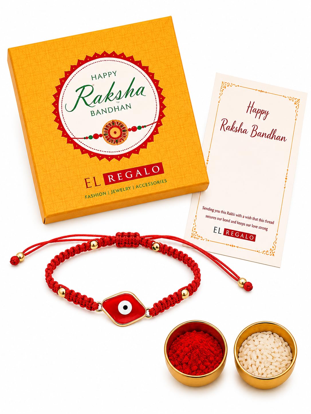El Regalo Evil Eye Bracelet Rakhi for Brother with Roli Chawal in Gift Box (Red -A)