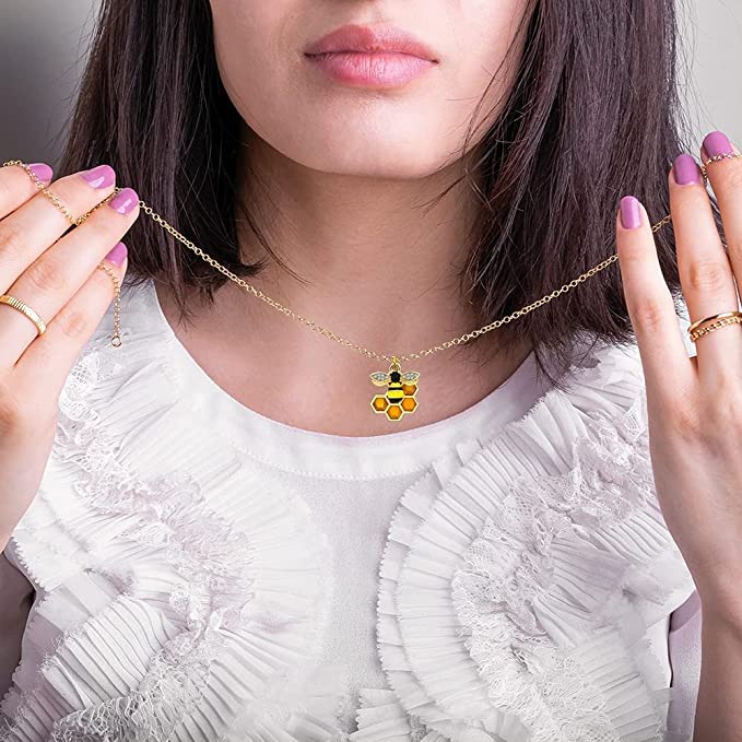 El Regalo Enamel Honeycomb Bee Earrings, Pendant Necklace Jewelry Set for Girls & Women - Geometric Hexagon Honeycomb Beehive Dangle Earrings (Style-1)