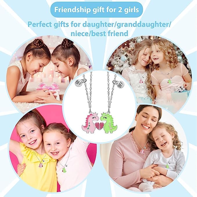 El Regalo 2 PCs BFF Best Friend Forever Split Magnetic Matching Unisex Pendant Necklaces Set- Friendship Necklaces Set for Besties/Best Friends/Soul Sisters (BFF Dinosaurs Necklaces Set)