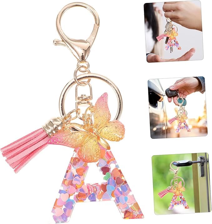 El Regalo Personalized Name Initials Butterfly Charm Keychain - Custom Letter Keyring with Pink Tassel & Butterfly Pendant, Purse, Bag, Backpack Accessory (A Letter)