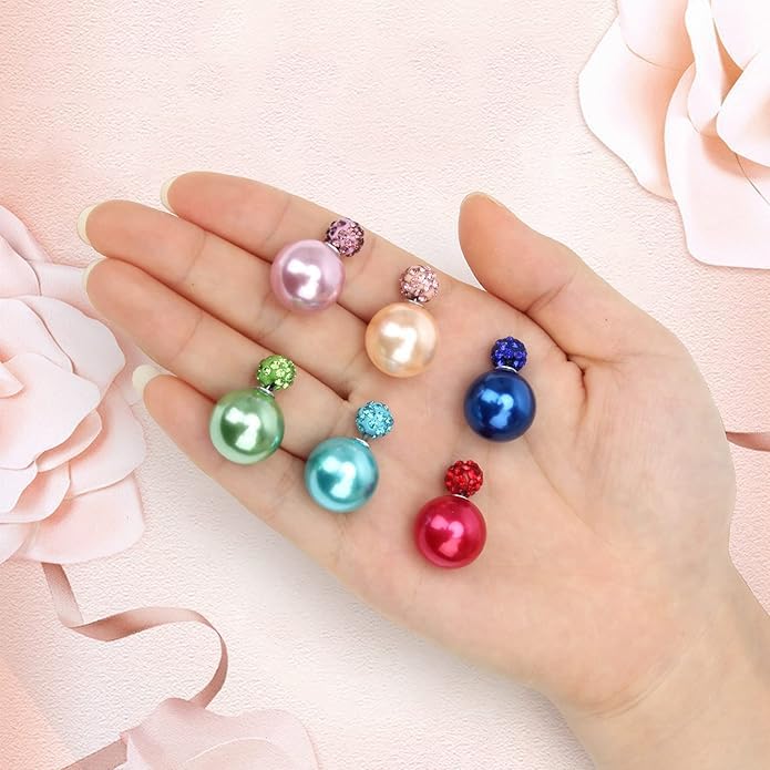 El Regalo's Double Sided 2 Ways Disco Ball Pearl Stud Earrings for Women | Reversible Front Back Ball Earrings | Crystal Rhinestone Back | Fashion Jewelry for Girls (Red Pearl)