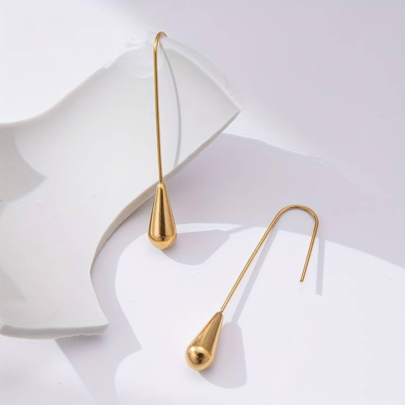 El Regalo Womens Luxury Stainless Steel Water Drop/Tear Drop Minimalist Earrings- Elegant Anti Tarnish Thread Western Earrings (Gold)