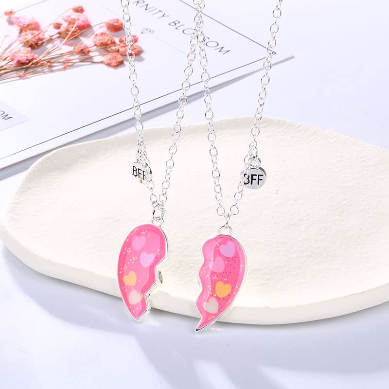 El Regalo Girls 2 Pcs BFF Best Friend Forever Split Magnetic Matching Pendant Necklaces Set- Heart, Flower, Swan Etc Pendant Friendship Necklaces (BF Heart Pendants)