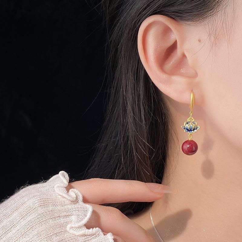 El Regalo Lotus Design Drop Earrings for Women & Girls - Gold Plated Enamel Earrings with Red Stone Bead Pendant - Ethnic & Contemporary Earrings