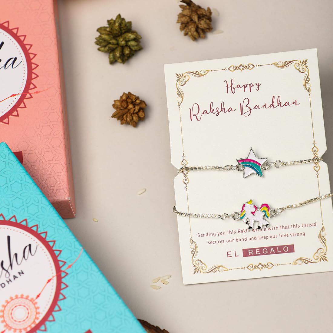 El Regalo 2 PCs Cute Kids Fancy Bracelet Rakhis Set - Beautiful 2 Kids Rakhis Combo with Roli Chawal, Rakhi Message Card in Rakhi Gift Box for Little Brother/Niece/Nephew (Unicorn & Star Rakhi)