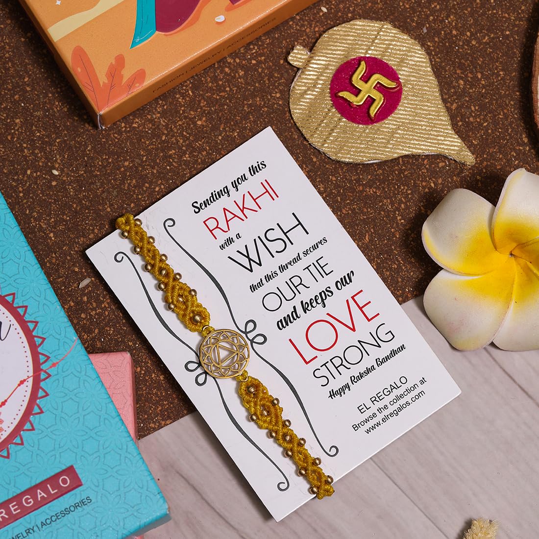 El Regalo 1PC Chakra Rakhi for Brother- Designer Chakra Reiki Healing Symbols Hand Braided Rakhi with shagun, Rakhi Card in Gift Box for Bhaiya/Bhabhi/Niece/Nephew (Solar Plexus Chakra)
