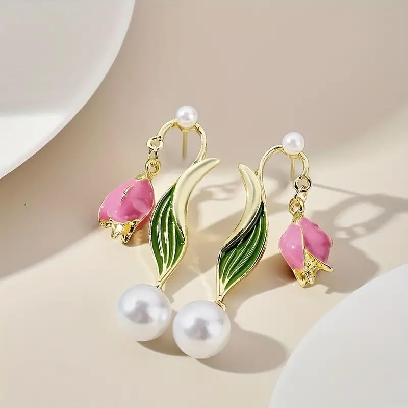 El Regalo Romantic Tulip Summer French Vintage Oil Dropping Flower Pearl Earrings- Light & Luxury Retro Pink Flower Pearl Stud Earrings