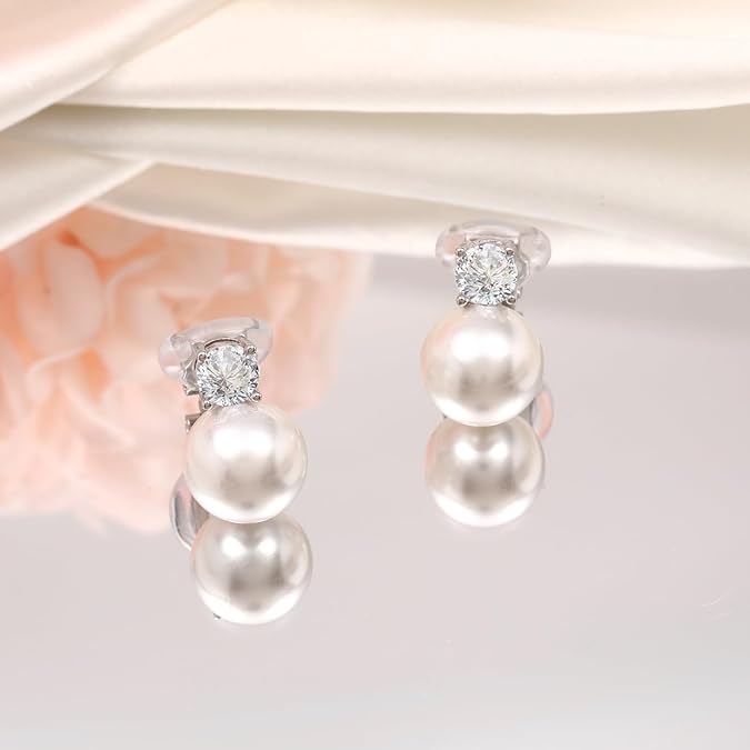 El Regalo CZ Pearl Clip-On Earrings for Women & Girls | Non-Pierced Earrings with CZ Sparkle | Elegant Clip On Pearl Earrings for Weddings, Parties & Casual Wear (Silver)