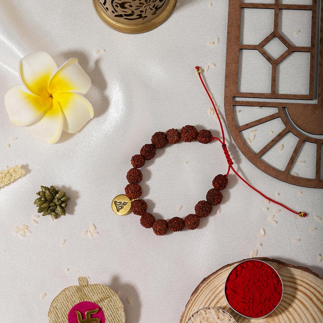 El Regalo 1PC Auspicious Natural Rudraksha & Lava Beads Rakhi for Brother- Designer Rudraksha Beads Rakhi with Roli Chawal, Rakhi Message Card in Rakhi Gift Box (Golden Budhdha)