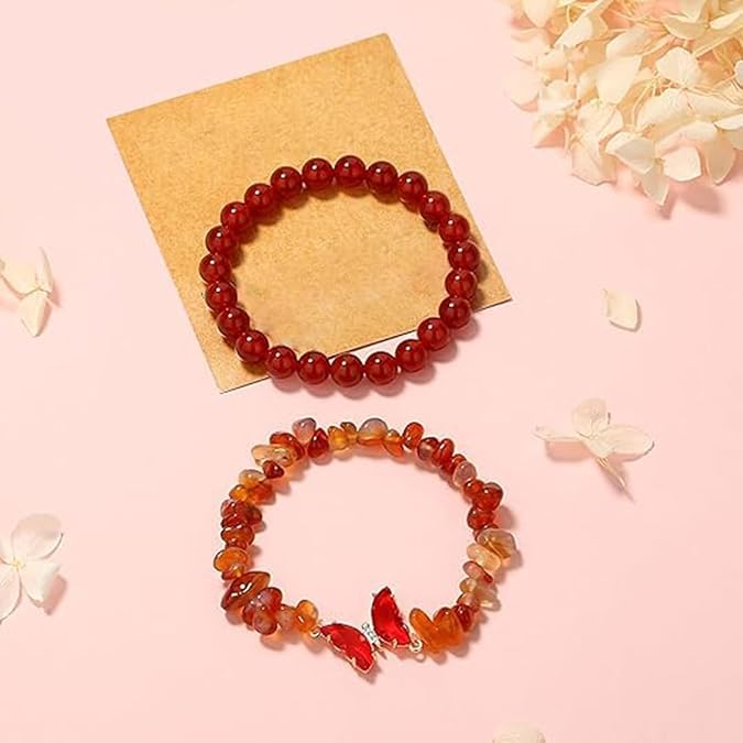 El Regalo 2PCs Natural Crystals Butterfly Bracelets Set- Real Crystals Healing Stones Bracelet Combo for Women (Red Agate)