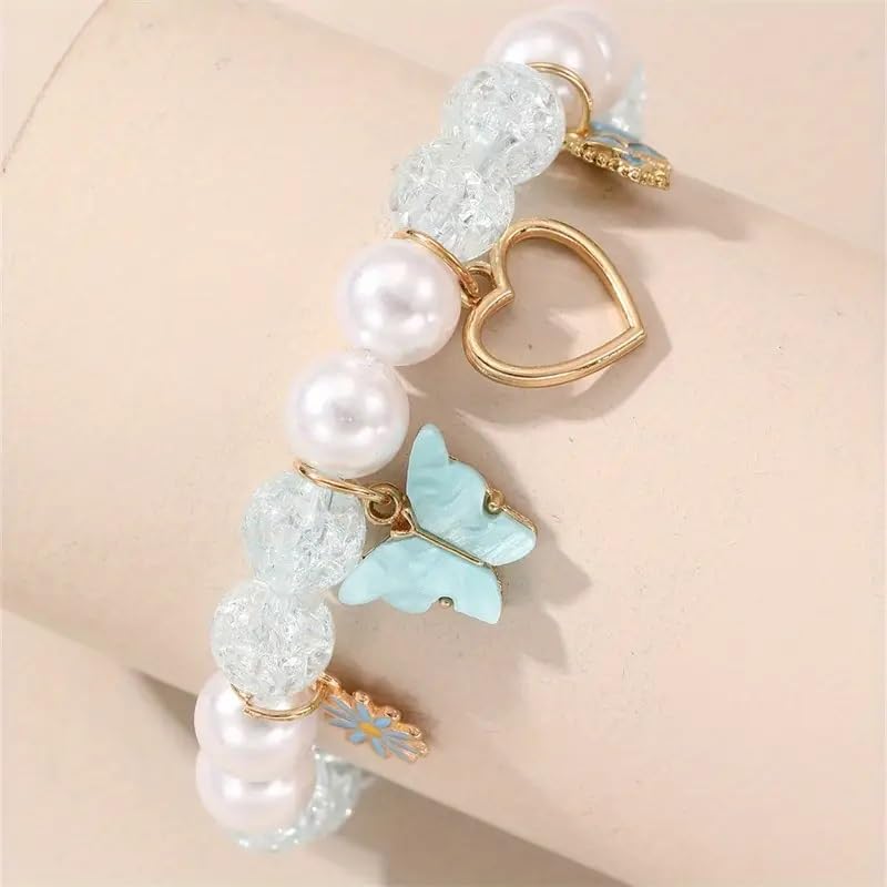 El Regalo 1PC Butterfly, Love Heart, Bow, Flower Charms Crystals Beads Bracelet for Girls - Fashion Bracelets for Girls/Women (Light Blue)