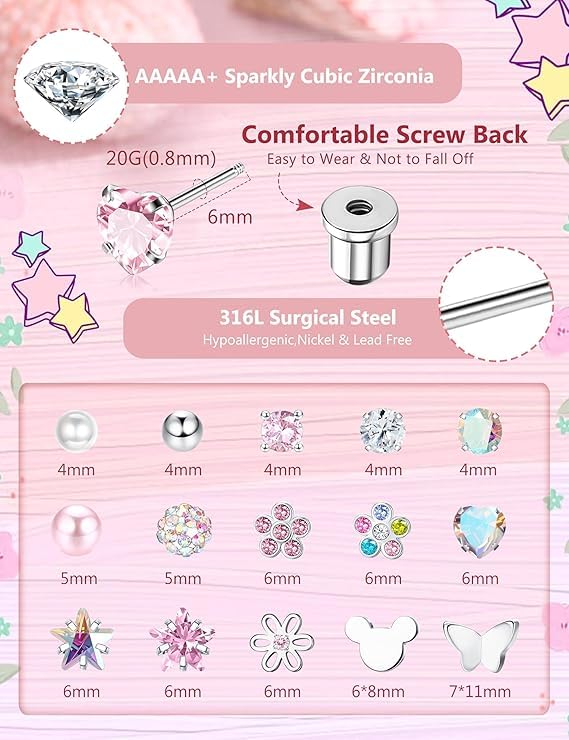 El Regalo 12 Pairs Cute & Tiny Screw Back Earrings Set for Women, Girls & Kids | 316L Stainless Steel Stud Earrings with Pearl, Heart, Flower & Star Designs | Comfortable Flat Back Screw Studs - Pink, Silver & Multicolor
