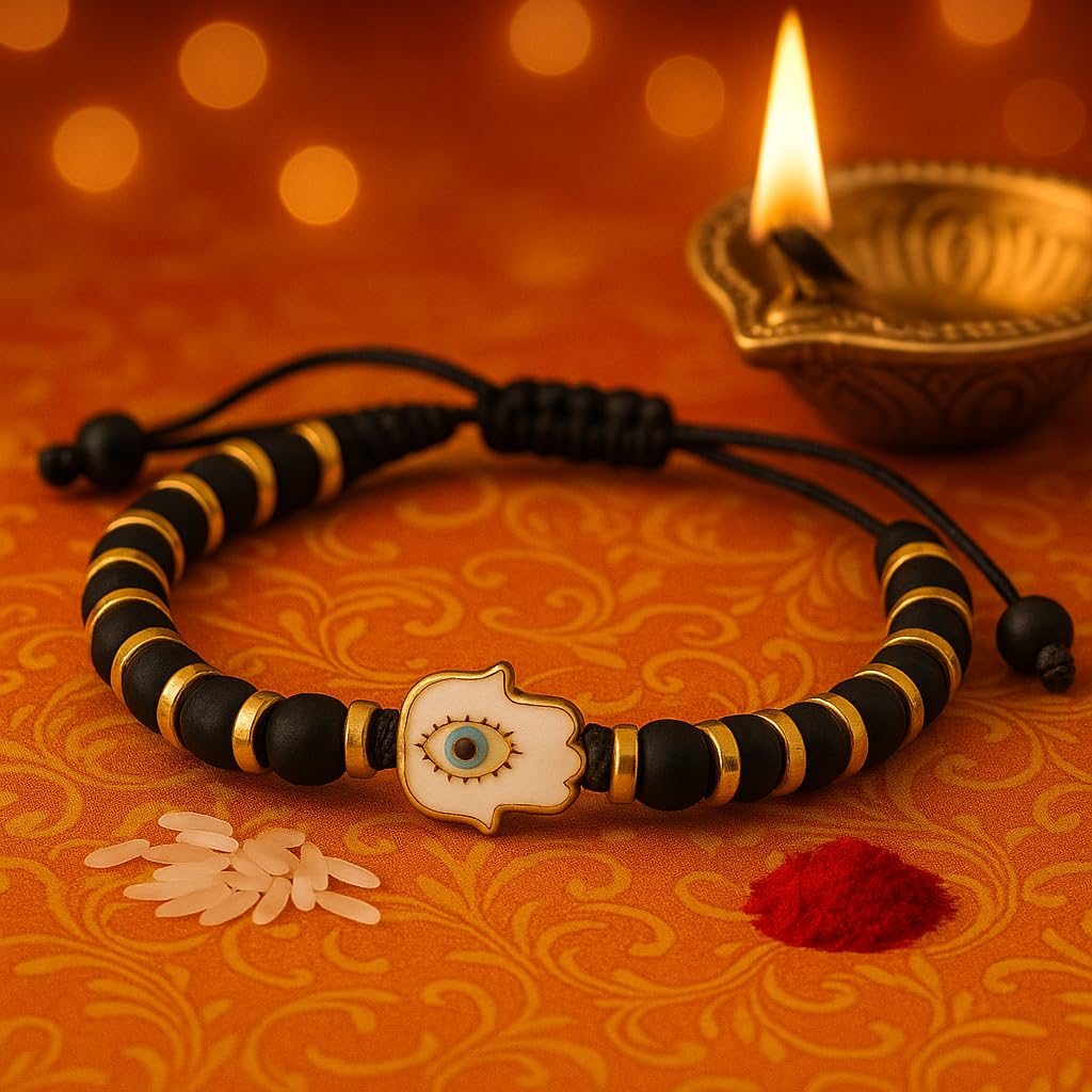 El Regalo Elegant Evil Eye/Hamsa Hand Rakhi for Brother- Beautiful Bracelet Rakhi for Bhai with Roli Chanwal, Message Card in Rakshabandhan Box (Hamsa Hand)