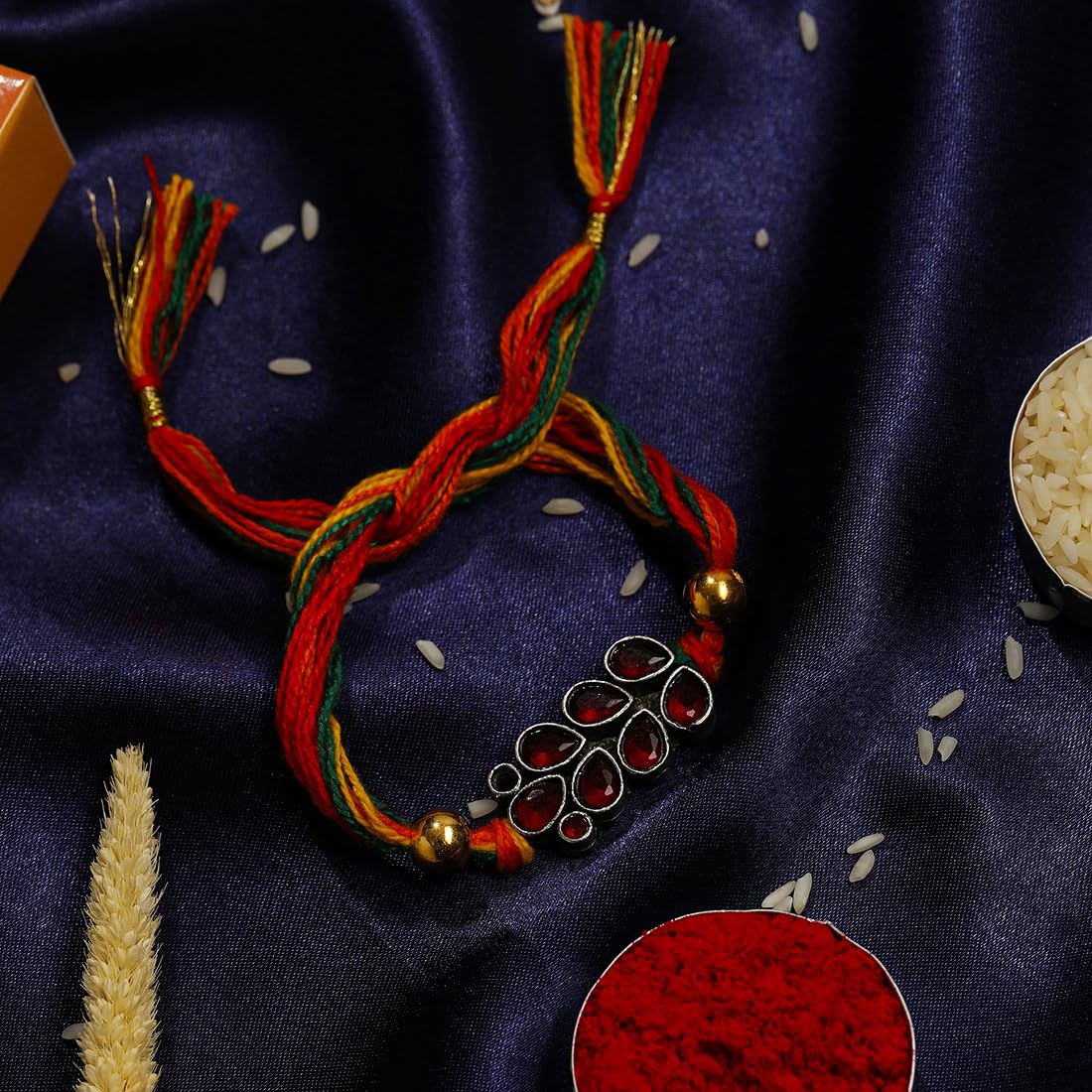 El Regalo 1PC Designer Red Stones Multi Colored Thread Rakhi for Brother- Antique Rakhi with Roli Chawal, Rakhi Message Card in Rakshabandhan Gift Box