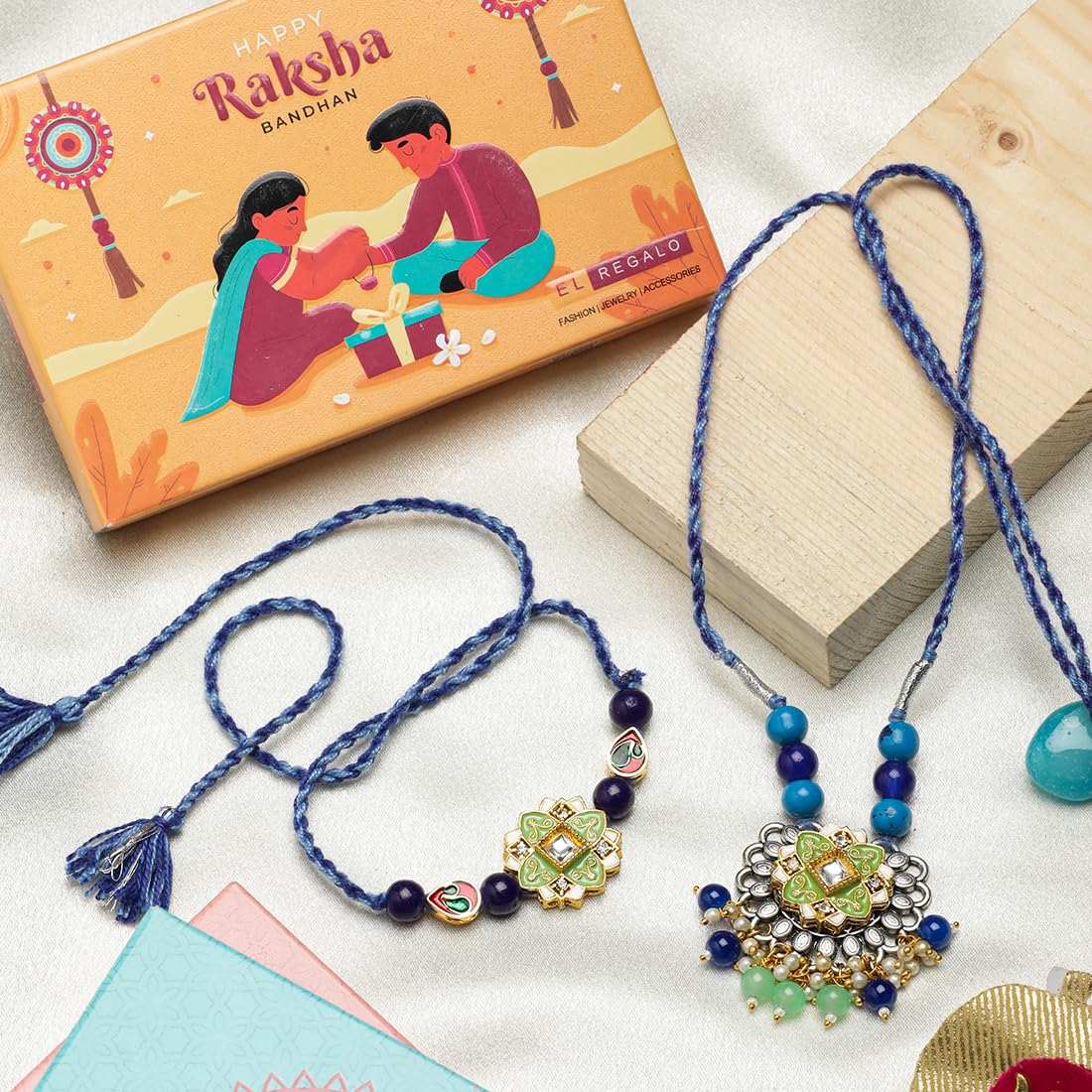 El Regalo Designer Bhaiya- Bhabhi Rakhi Luma/Lumba Set- Kundan, Pearls Rakhi with Roli Chawal in Gift Box- Luma Convertible into Necklace (Option-9)