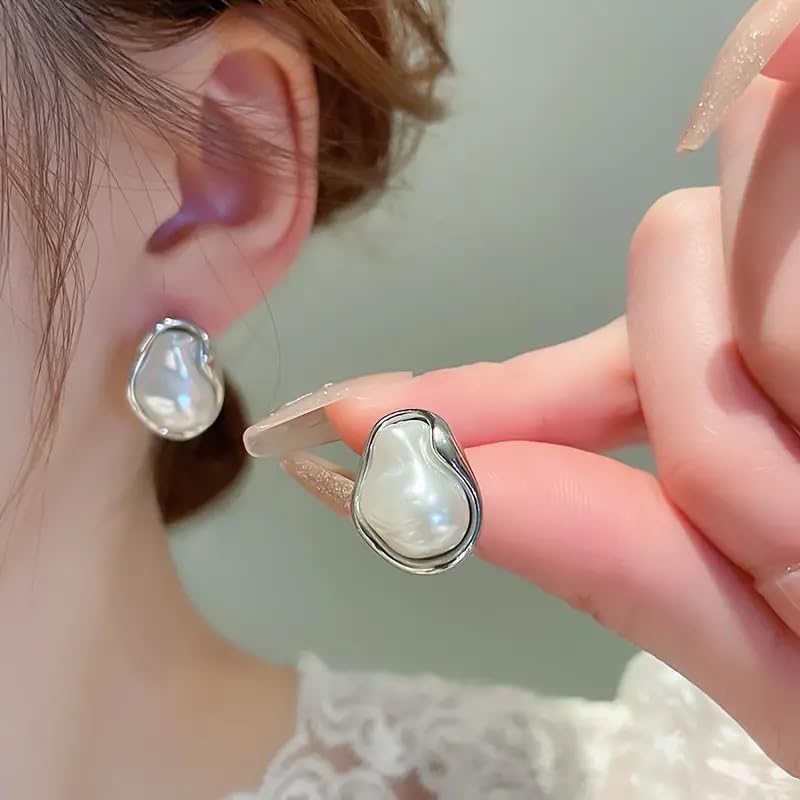 El Regalo Womens Classic Baroque Faux Pearl Stud Earrings, Elegant French Style, Irregular Pearl Stud Earrings- Elegant Vintage Style Irregular Geometric (Abstract Silver Pearl)