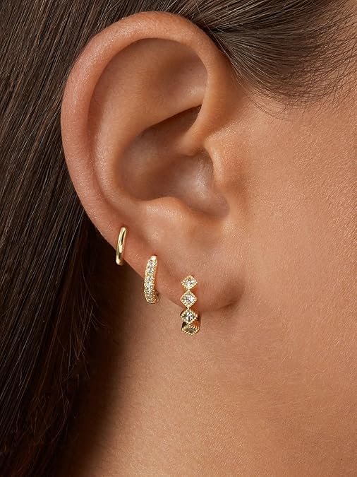 El Regalo 3 Pairs Dainty 14K Gold Plated Huggie Hoop Earrings - Small CZ Hoop Earrings Set for Women & Girls, Cartilage & Tragus Earrings (Style-2)