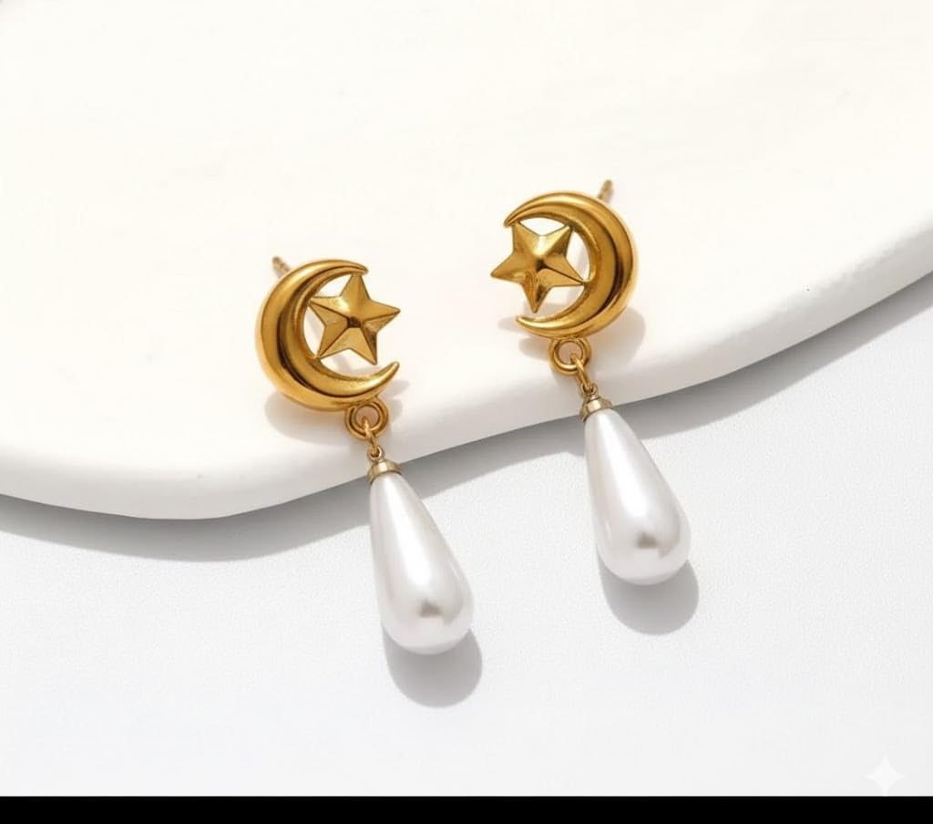 El Regalo Elegant 18K Gold Plated Stainless Steel Drop Earrings for Women & Girls | Tarnish-Free, Waterproof, Hypoallergenic Statement Fancy Western Earring Collection | Variations: Bow, Moon & Star, Starfish, Knot | For Office, Party & Gifting (Pearl Moo