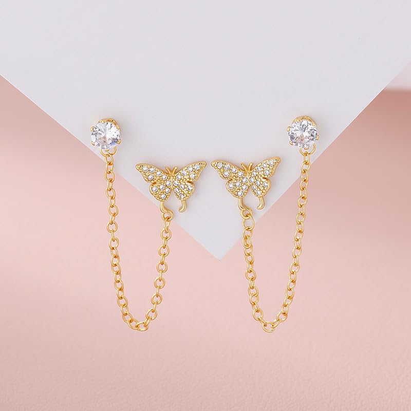 El Regalo Butterfly Chain Cuff Earrings for Women | CZ Diamond Stud & Butterfly Ear Cuff Linked Earrings | Long Chain Cartilege Earrings for Girls | Trendy Party Fashion Jewelry