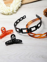El Regalo 2 PCs Hairbands & Medium Claw Hair Clips for Girls & Women, French Design Hair Clips Accessories for Women Girls (Black & Clear Brown)