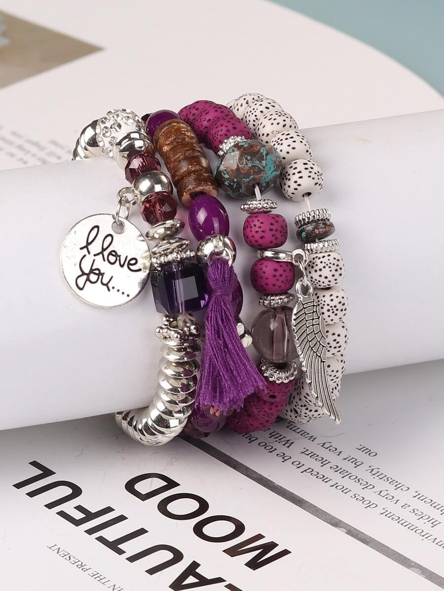 El Regalo 4Pcs/Set Vintage Bohemia Style Wing Beads Tassel Unisex Bracelet - Stackable Multi-layer Modern Charm Bracelets with Wings and I Love You Charms Bracelets (Wine)