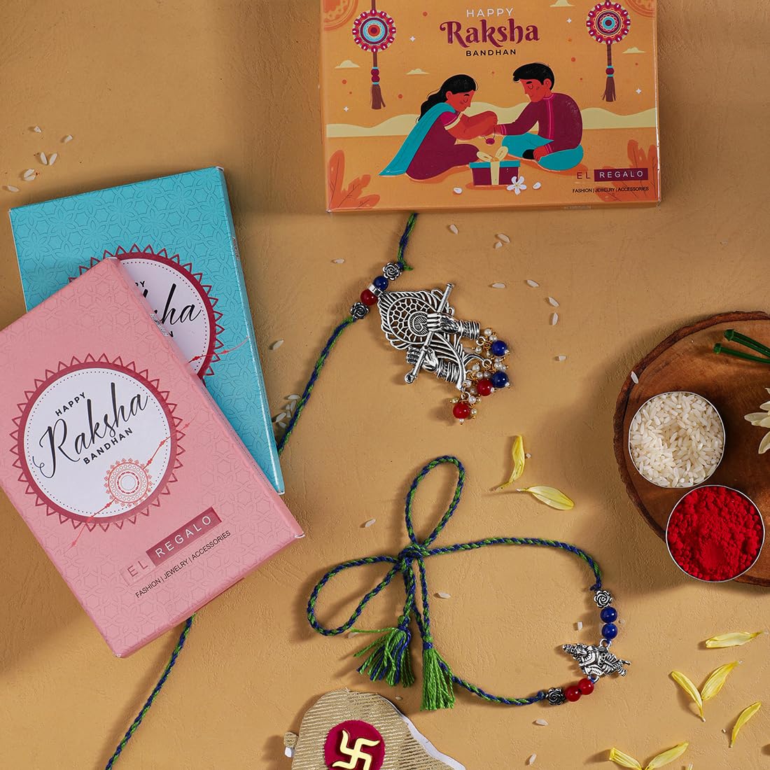 El Regalo Designer Bhaiya- Bhabhi Rakhi Luma/Lumba Set- Kundan, Pearls Rakhi with Roli Chawal in Gift Box- Luma Convertible into Necklace (Option-8)