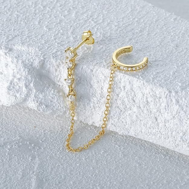 El Regalo Elegant Crystal Studded Chain Cuff Earrings for Women & Girls | Handcrafted Diamond-Cut Cubic Zirconia Linked Ear Cuff with Hanging Chain | Gift for Her