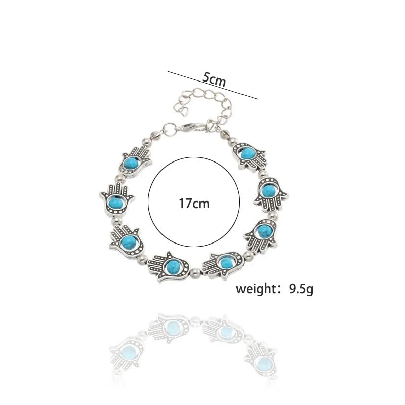 El Regalo Evil Eye Hamsa Hand Turquoise Green Beads Bracelet for Girls & Women- Antique Finish Hamsa Hand Sleek Bracelet (1 Blue + 1 Green beads)
