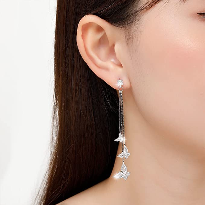 El Regalo Crystal Butterfly Drop Dangle Tassel Earrings for Women & Girls- Long Tassel Butterfly Earrings (White Butterfly Earrings)
