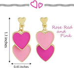 El Regalo 1 Pair Double Love Heart Drop Earrings- Valentine's Day Gift- Two Tone Oil Drop Heart Dangle Earrings for Girls & Women (Pink + Rose Pink)