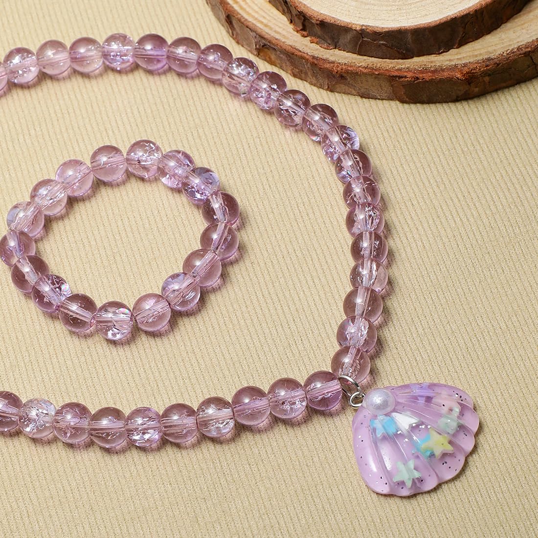 El Regalo 2 PCs Resin Shell Pendant Colorful Sparkly Crackle Beads Pendant Necklace & Bracelet Set for Kids/Girls- Christmas/Birthday Gift for Girls Kids (Purple)